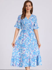 Floral Ruffled Hem Short Sleeve Smock Midi Dress