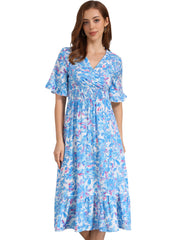 Floral Ruffled Hem Short Sleeve Smock Midi Dress