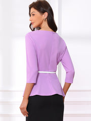 3/4 Sleeve Belted Peplum Elegant Business Work Blouse
