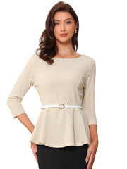 3/4 Sleeve Belted Peplum Elegant Business Work Blouse
