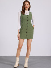 Corduroy Overall Scoop Neck Sleeveless Button Pinefore Dress