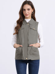 Zip Up Pockets Sleeveless Cargo Jacket Utility Vest