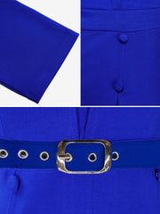 Solid Color 3/4 Sleeves Belted Pleated Midi Dress