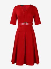 Solid Color 3/4 Sleeves Belted Pleated Midi Dress