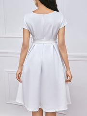 V Neck Solid Color Short Sleeve Tie Waist Dress