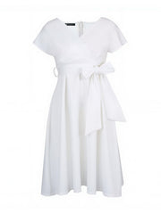 V Neck Solid Color Short Sleeve Tie Waist Dress