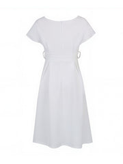 V Neck Solid Color Short Sleeve Tie Waist Dress