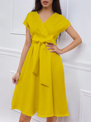 V Neck Solid Color Short Sleeve Tie Waist Dress