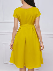 V Neck Solid Color Short Sleeve Tie Waist Dress