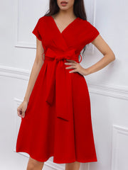 V Neck Solid Color Short Sleeve Tie Waist Dress