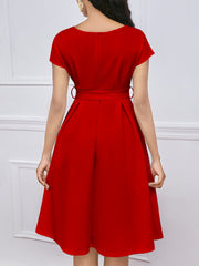 V Neck Solid Color Short Sleeve Tie Waist Dress