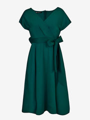 V Neck Solid Color Short Sleeve Tie Waist Dress