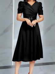 Solid Color Puff Sleeves Ruched Belted Midi Dress