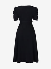 Solid Color Puff Sleeves Ruched Belted Midi Dress