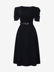 Solid Color Puff Sleeves Ruched Belted Midi Dress