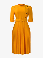 Solid Color Pleated Button Decor Belted Dress