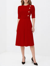 Solid Color Pleated Button Decor Belted Dress