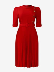 Solid Color Pleated Button Decor Belted Dress