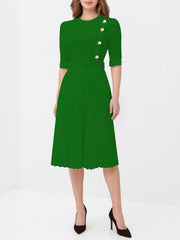 Solid Color Pleated Button Decor Belted Dress