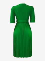 Solid Color Pleated Button Decor Belted Dress