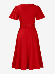 Square Neck Flower Ruffled Sleeves Belted Dress