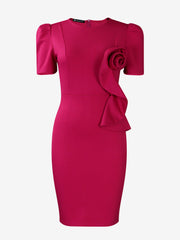 Solid Color Puff Sleeves Midi Sheath Dress