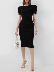 Solid Color Puff Sleeves Midi Sheath Dress