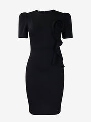 Solid Color Puff Sleeves Midi Sheath Dress
