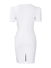 Solid Color Puff Sleeves Midi Sheath Dress