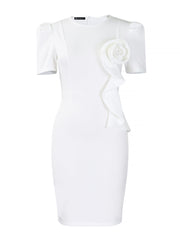 Solid Color Puff Sleeves Midi Sheath Dress