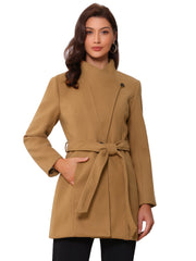 Classic Stand Collar Long Sleeve Belted Winter Coat