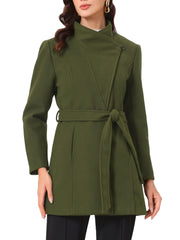 Classic Stand Collar Long Sleeve Belted Winter Coat