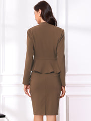 2 Piece Collarless Long Sleeve Peplum Blazer and Pencil Skirt Work Suit Set