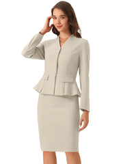 2 Piece Collarless Long Sleeve Peplum Blazer and Pencil Skirt Work Suit Set