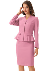 2 Piece Collarless Long Sleeve Peplum Blazer and Pencil Skirt Work Suit Set