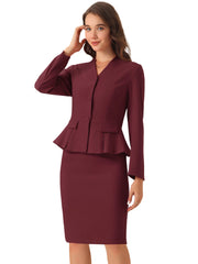 2 Piece Collarless Long Sleeve Peplum Blazer and Pencil Skirt Work Suit Set
