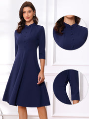 Retro 3/4 Sleeve Stand Collar Office Work Elegant A-Line Dress
