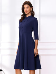 Retro 3/4 Sleeve Stand Collar Office Work Elegant A-Line Dress