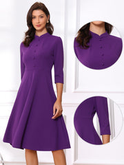 Retro 3/4 Sleeve Stand Collar Office Work Elegant A-Line Dress