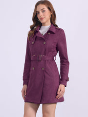 Notched Lapel Double Breasted Faux Suede Trench Coat Jacket with Belt