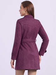 Notched Lapel Double Breasted Faux Suede Trench Coat Jacket with Belt