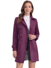 Notched Lapel Double Breasted Faux Suede Trench Coat Jacket with Belt