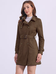 Notched Lapel Double Breasted Faux Suede Trench Coat Jacket with Belt