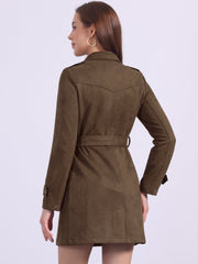Notched Lapel Double Breasted Faux Suede Trench Coat Jacket with Belt