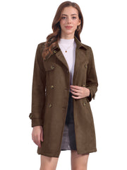 Notched Lapel Double Breasted Faux Suede Trench Coat Jacket with Belt