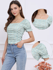 Smocked Crop Top Slim Fit Peasant Floral Blouse