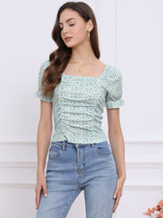 Smocked Crop Top Slim Fit Peasant Floral Blouse