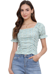 Smocked Crop Top Slim Fit Peasant Floral Blouse
