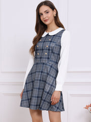 Peter Pan Collar Contrast Color Button Decor Plaid Dress