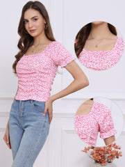 Smocked Crop Top Slim Fit Peasant Floral Blouse